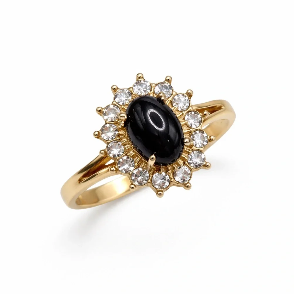 18K Gold Ring with Black Center Stone and Clear Accent Stones